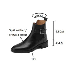 Futurecen  -  NEW Autumn/Winter Women Boots Round Toe Low Heel Chelsea Boots Split Leather Shoes for Women Retro Ankle Boots Belt Buckle Shoes