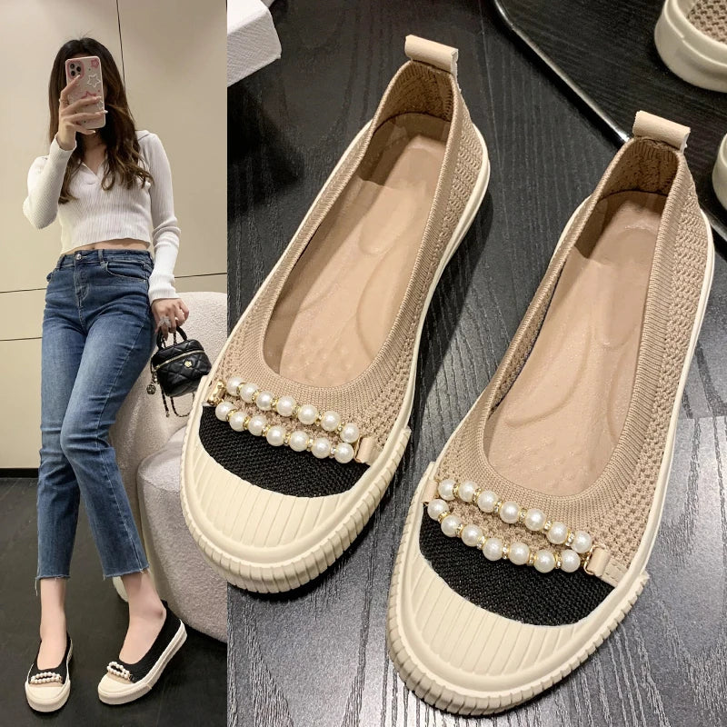 Futurecen  -  Summer Pearl Beading Flat Shoes Women Round Toe Air-mesh Loafers Platform Shoes Woman Stretch Fabric Shallow Female Casual Shoes