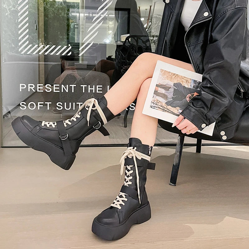 Futurecen  -  Motorcycle Boots Women English Style Versatile Fashion Lace-up Short Boots Round Head Thick Bottom Black Pu Material Adult Q122