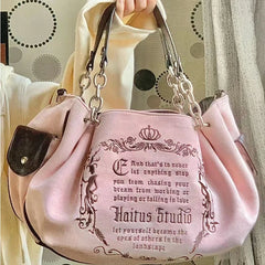 Futurecen  Y2K Pink Vintage Gothic Women Tote Bag Aesthetic Large Capacity Embroidery Letters Retro Shopping Travel Chain Shoulder Bag