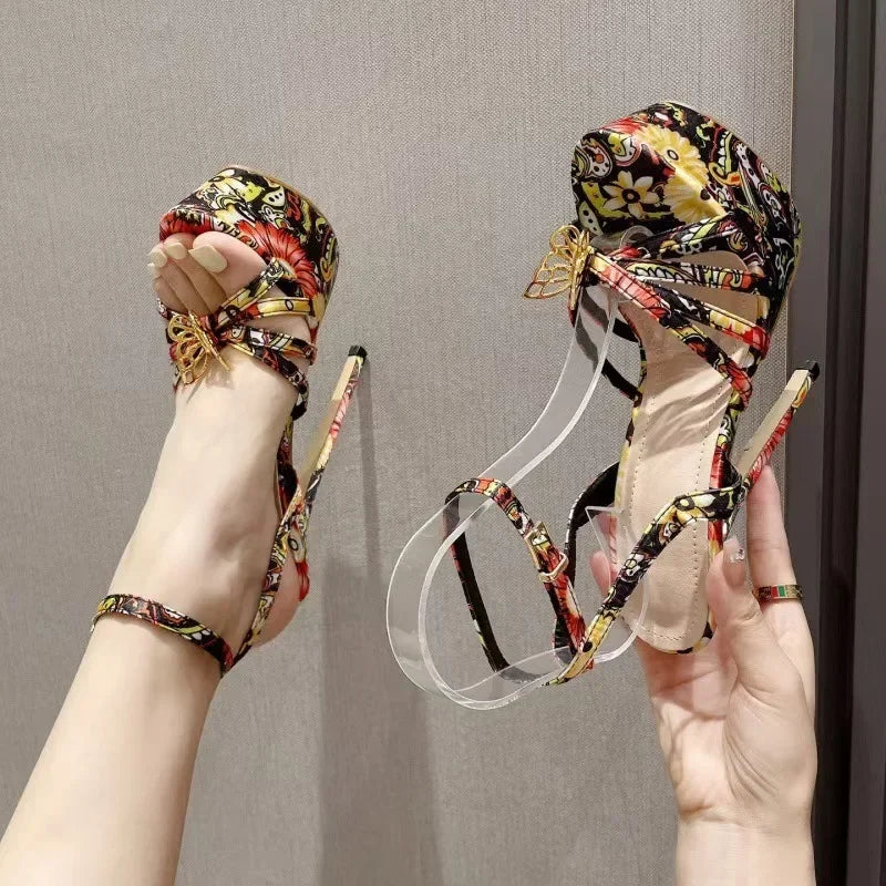 Futurecen  -  New Sexy Ultimate Slim High-heeled Women Sandals Designer Floral Color Retro Personality Stripping Shoes Women High-heeled Shoes