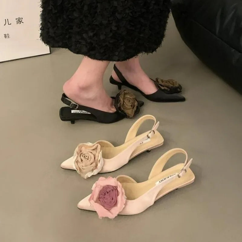 Futurecen New Flower Designer Sandals Women Elegant Satin Mule Shoes Summer Pointed Toe Pumps Low Heel Flowers Slingback Sandals Female