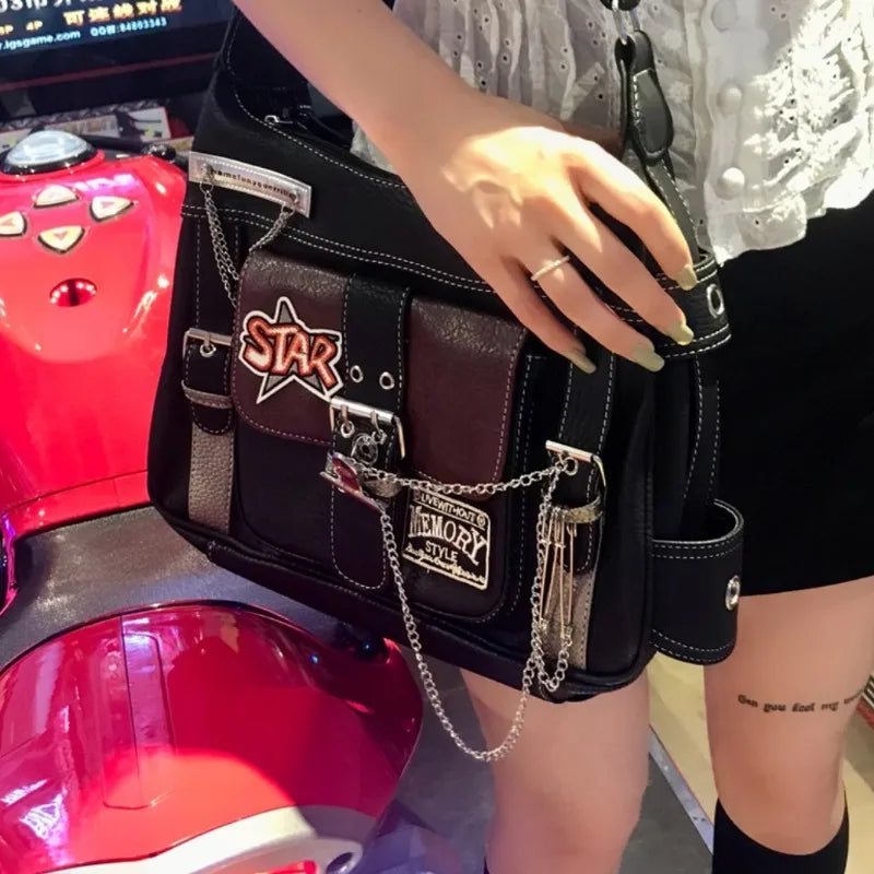 Futurecen  -  fancy bags Y2K Women Shoulder Bags Fashion Trend Vintage E Girl Patchwork PU Messenger Bags Moto Style Subculture Hobos Bolso Mujer