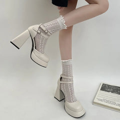 White platform french block heels women's fall/winter women heightened vintage mary jane shoes high heels women