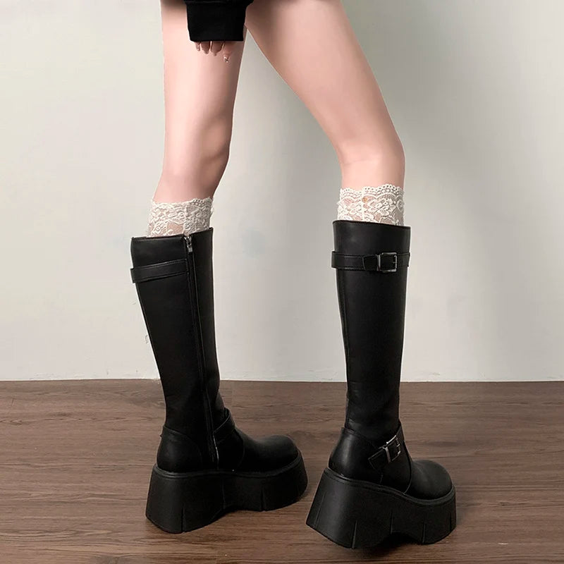 Futurecen Platform Wedges Heel Women Knee High Boots Fashion Belt Buckle Slip On Long Booties Autumn Winter Female Shoes