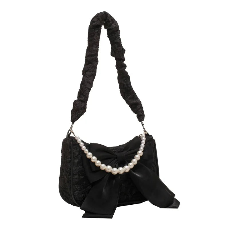 Futurecen  - fancy bags Black Pearl Female Shoulder Bag Fashion Underarm Ins Bow Ribbon Handbags Designer Personality Lady Summer Bags With Short Handle