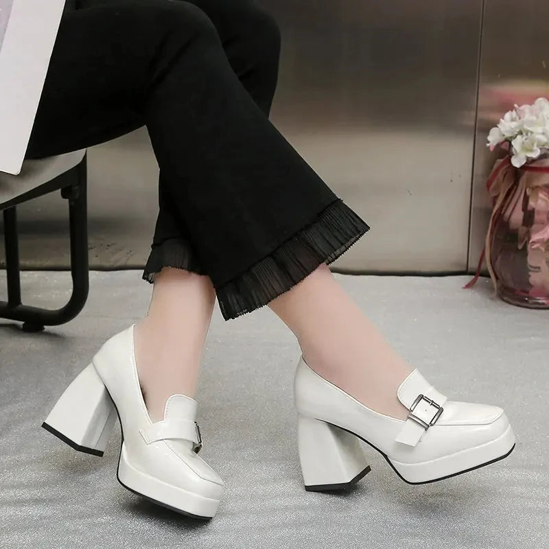 heels lolita shoes Chunky Platform shoes Loafers Heel Patent Leather Slip On Casual Shoes Women Lady Office Shoes black Heels