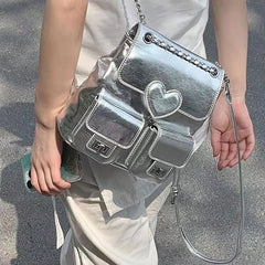 Futurecen  -  Y2K Silver Women Backpacks Fashion Designer Mochila Femenina Luxury Heart Shaped Small Capacity Commute Bolso Mujer