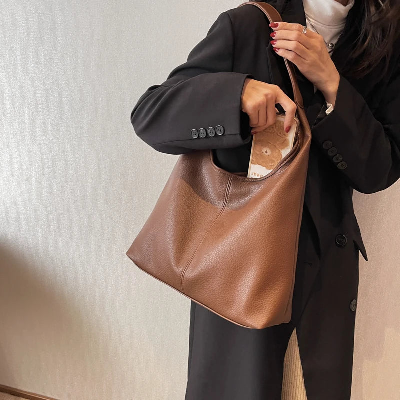 Futurecen  Simple Fashion Single Shoulder Tote Bag Set For Women Soft Leather Pure Color 2-In-1 Large Capacity Shopper Tote Handbags Female