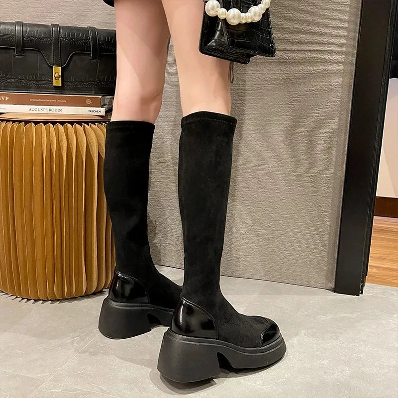 Futurecen  -  Women Suede Platform Boots Classic Black Winter Motorcycle Boots Retro Elastic Socks Overshoes Knee High High Heels Shoes