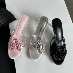 Futurecen Summer Fashion Flower Woman Slippers Thin Low Heels Narrow Band Party Stripper Ladies Mules Slides