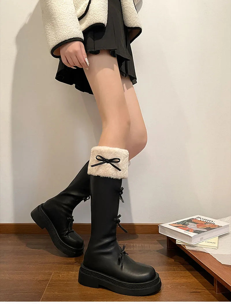 Futurecen Short Plush Women Knee High Boots Fashion Square Heel Ladies Elegant Back Zippers Long Knight Booties Winter Women's Footwear