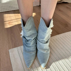 Futurecen Pointed Toe Denim Women Western Cowboy Boots Fashion Slip On Short Booties Retro Style Autumn Winter Female Shoes