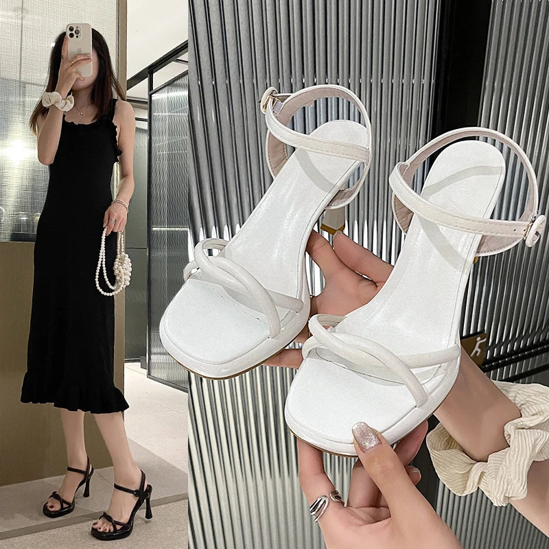 Futurecen 2024 Summer Low Sandals Woman Leather Suit Female Beige Women’s Shoes High Heels Low-heeled Black Comfort New Stiletto Girls