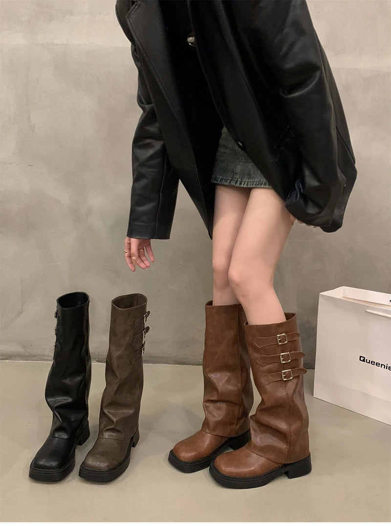 Futurecen 2024 Winter Cowboy Boots For Women Fashion Belt Buckle Long Boots Female Elegant Square Heel Women's Knight