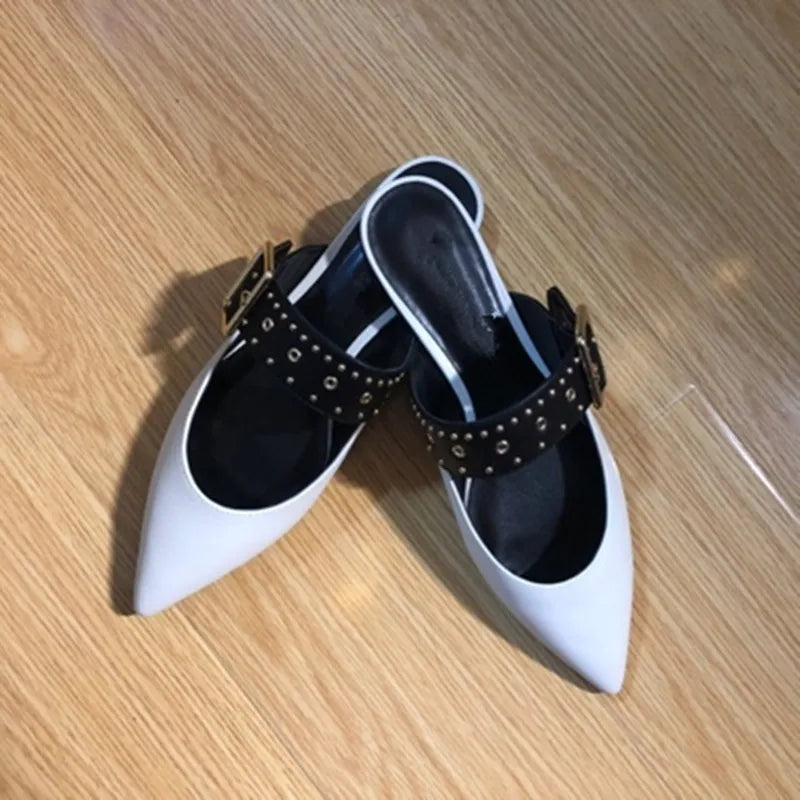 Futurecen New Fashion Metal Rivet Loops with Pointed Mueller Shoes for Women, Flat-bottomed Lazy Shoes and Half Slippers for Women