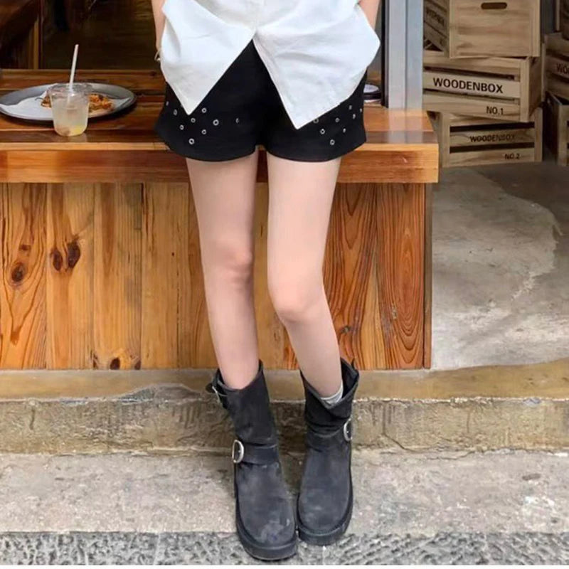 Futurecen Retro Style Women Motorcycle Boots Fashion Metal Buckle Platform Heel Short Booties Winter Comfort Women's Footwear