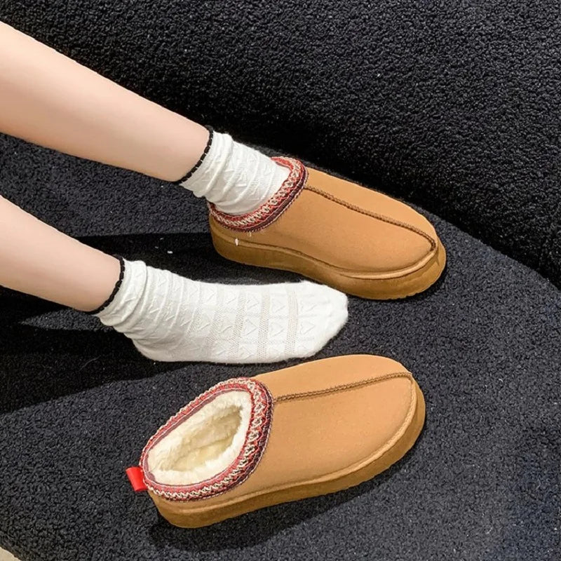 New Winter Retro Women Snow Warm Suede Leather Lazy Loafers Boots Shoes Woman Lady Female Flat Bottine Botas Boots Shoes