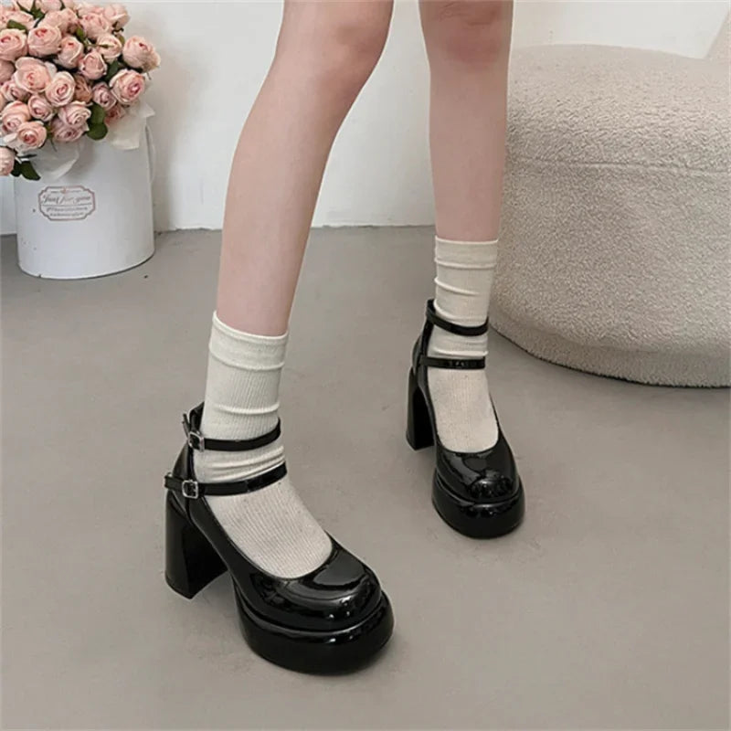 Futurecen  -  Mary Jane Pumps For Women Girls Fashion Brand New Chunky Heel Wedding Dress Shoes Spring New Pumps Classic Double Buckle