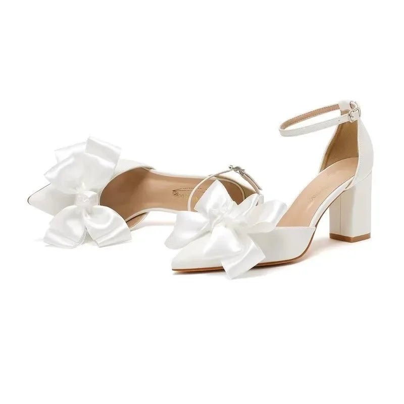 Futurecen  -  Luxury New Women's Square Heel Sandals Female White Bow Pointed High Heels Woman Wedding Shoes