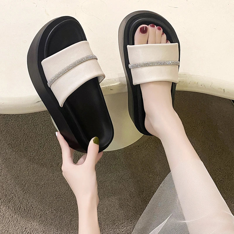 Futurecen New Summer Outdoors Platform Women's Slippers Leisure Beach Party Non-slip Shoes Rhinestone Peep Toe Luxury Brand Slides PU