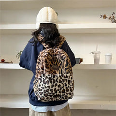 Futurecen  -  fancy bags Women Preppy Leopard Fluffy Backpacks Large Capacity Autumn Winter Faux Fur Students School Bag Vintage Commuter Backpack