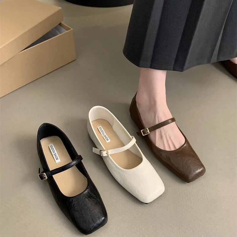 Vintage Spring Women Mary Jane Shoes Fashion Ladies Casual Soft Sole Flats Women's Comfort Square Toe Grandma's Shoes