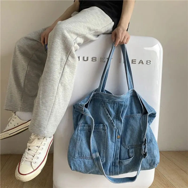 Futurecen  -  fancy bags Denim Tote Bags for Women and Man Large Capacity Design Handbag Unisex Casual Blue Shoulder Shopping Pack Jeans Japan Style Y2K