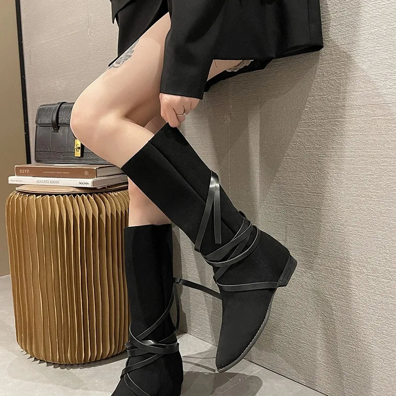 Futurecen  -  Retro Women Straps Pile Boots Female Autumn Winter Pointed Toe High Boots Women Knight Shoes Thick Heel Western Cowboy Boot