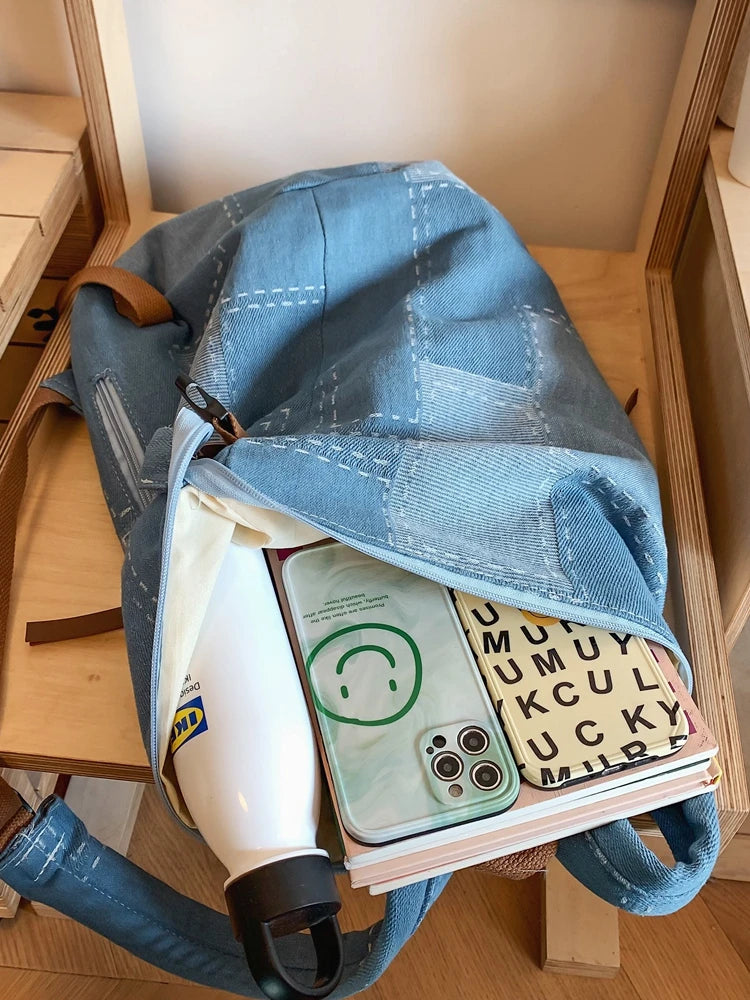 Futurecen New Women Denim Vintage College Backpack Lady Leisure Retro Trendy Female Patchwork Book Bag Fashion Girl Cute Travel School Bag