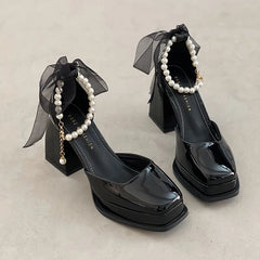 Futurecen  Vintage High Heels Mary Jane Shoes for Women Patent Leather Platform Pumps Woman Pearls Chain Thick-Heeled Shoes Female