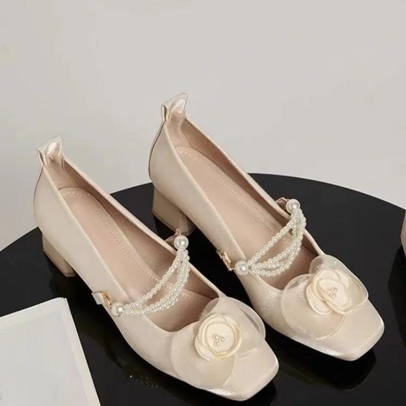 Futurecen  -  New Chinese Sweet Flower Women Shoes Simple and Gentle Style Coarse Heel Camellia Mary Jane Shoes French Silk Wedding Shoes