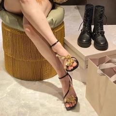 Futurecen Golden Flowers Elegant Woman Heels for Women High-heeled Sandals Women's Shoes Elegant Heel Luxury Sandal Women's