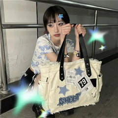 Futurecen  -  fancy bags Girls Y2k White Shoulder Bags Large Capacity Star Pattern Grunge Tote Handbag Korean Style Women’s Summer Cool Hiphop Pack Ins