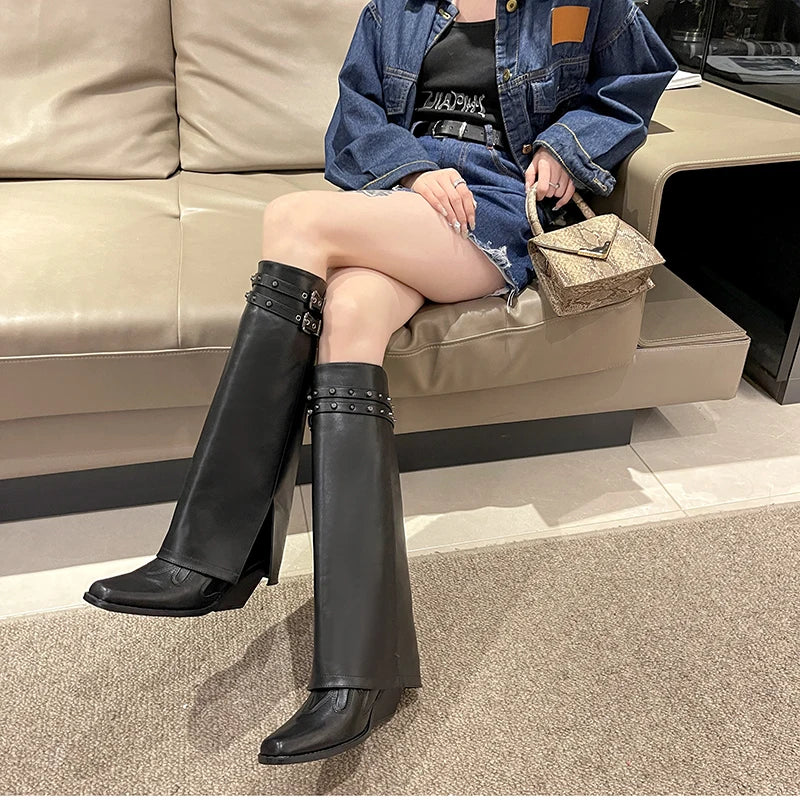 Futurecen Winter Women Cowboy Boots Fashion Slip On Belt Buckle Ladies Elegant Long Pipe Boots Casual Thick Heel Women's Boot