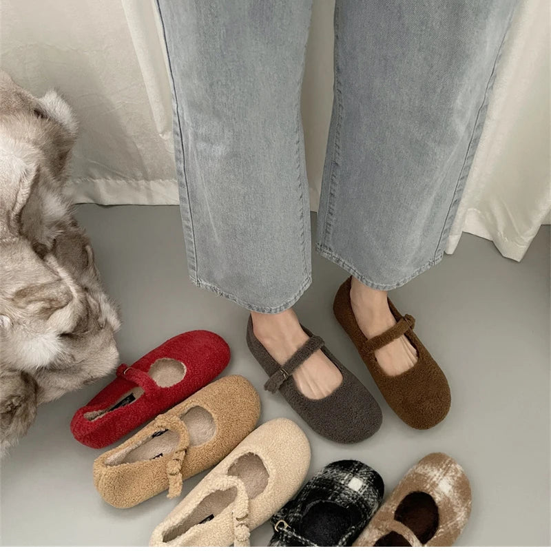 Futurecen  Spring Autumn Women Fur Shoes Fashion Shallow Buckle Ladies Flats Round Toe Women's Comfort Keep Warm Street Shoes