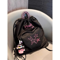 Futurecen  -  American Vintage Denim Travel Backpack Y2k Star Embroidery Drawstring Preppy Student Schoolbag Fashion Travel Bag Femme Mochila