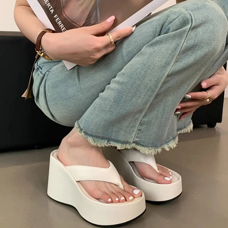 Futurecen Design Summer Chunky Woman Slippers Fashion Platform Wedges High Heel Silvery Ladies Shoes