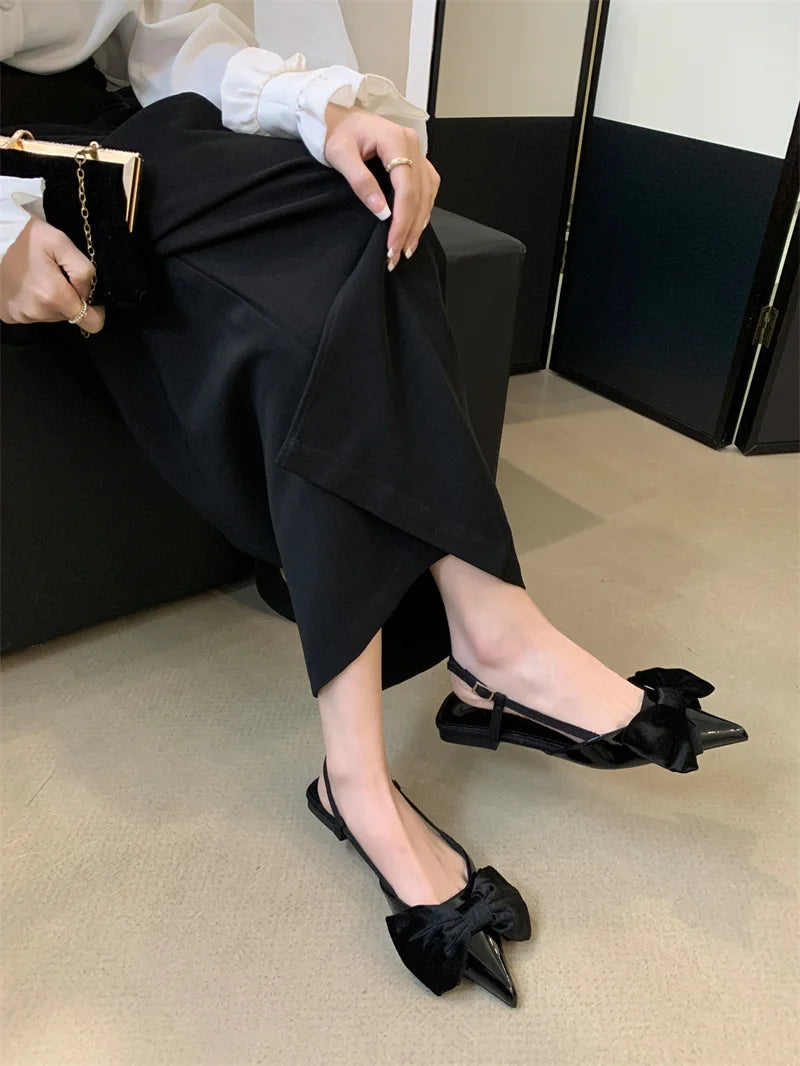 Futurecen Fashion Design Big Butterfly Knot Women Flat Mules Sandals High Quality Cozy Patent Leather Pointed Toe Back Strap Shoes