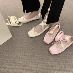 Futurecen New Women's Flat Footwear Pink Ballet Women Single Shoes Fashion Lace Up Girl Mary Jane Shoes Sweet Flowers Ladies 2024 Spring