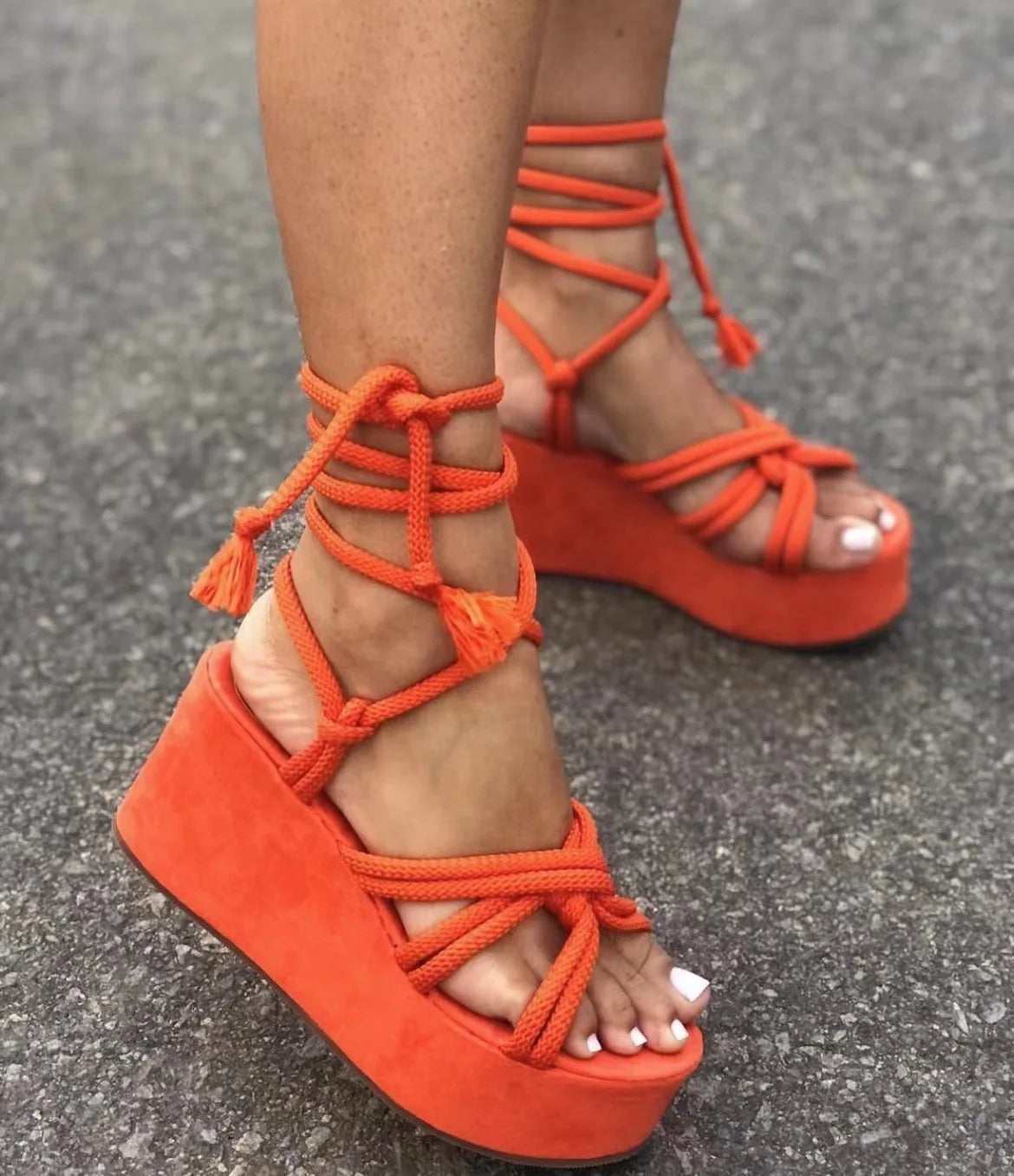 Futurecen Platform Wedge Strappy Sandals Women Fashion Round Toe Cross Tied Height Increase Open Toe Women Sandals