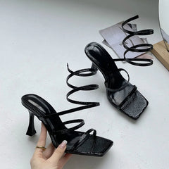 Women Sandals Sexy Cross Ankle Stiletto Heels Female Slides Narrow Band Party Ladies Shoes Square Toe High Heels Summer