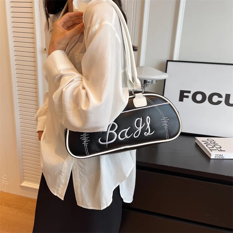 Futurecen Retro Bowling Shoulder Bags For Women Letter Embroidery Solid Color Long Handle Boston Bag Luxury Designer Handbags