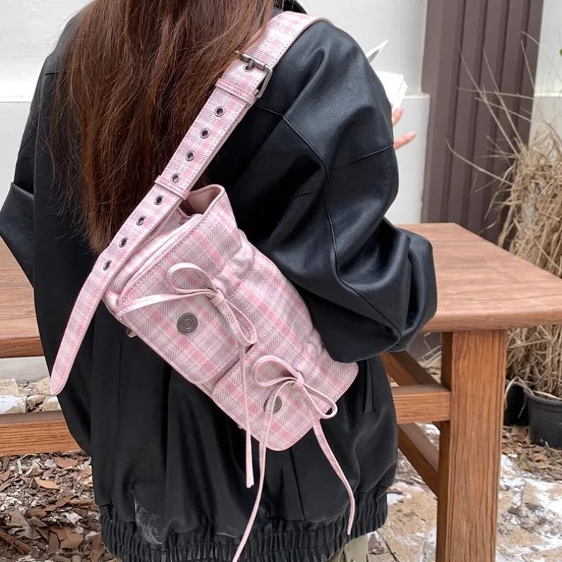 Futurecen  Plaid Pink Womens Shoulder Bag Pleated Casual Sweet Cute New Fashion Leather Handbag Literary Exquisite Designer Armpit Bag