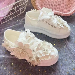 Futurecen  -  Spring Summer New College Style Lace Up Canvas Shoes Heavy Industry Water Diamond Flower Sweet Flat Shoes Women's Sneakers