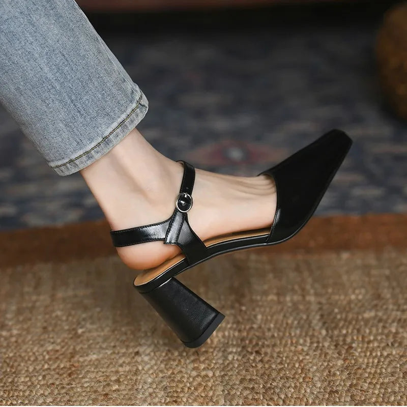 Futurecen Women Pumps One Strap Ladies Shoes Retro Style High Heel Elegant Women Sandal Square Toe Spring Autumn Real Leather Dress Shoes