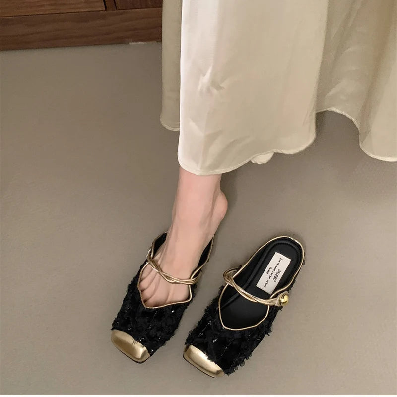 Futurecen Summer Women Mules Slippers Fashion Elegant Slip On Singbacks Slides Shoes Ladies Comfort Square Toe Flats Sandalias