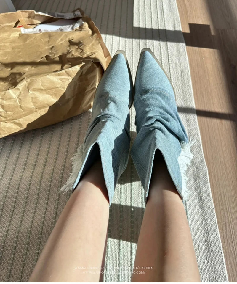 Futurecen Pointed Toe Denim Women Western Cowboy Boots Fashion Slip On Short Booties Retro Style Autumn Winter Female Shoes