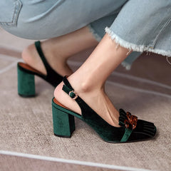 Futurecen Summer Women Sandals Flock Chunky Heel High Heels Retro Velvet Slingback Shoes for Women Crystal Tassel Women Pumps Party Shoes