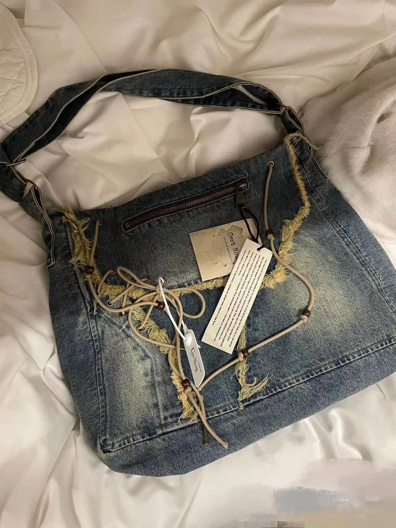 Futurecen  -  fancy bags Women Denim Crossbody Bag Vintage Y2k Shoulder Bag Student Grunge Messenger Bag Aesthetic Tassel Shopping Harajuku Tote Handbag